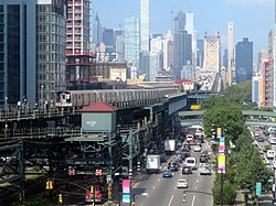 Long Island City, a transit-oriented community with the Queensboro Plaza subway station shown, one of the many subway stations in Long Island City
