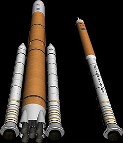 Two planned configurations for a return to the Moon: heavy lift (left) and crew (right)