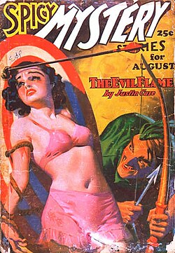 As "Justin Case", Cave wrote the cover story in the August 1936 Spicy Mystery Stories.
