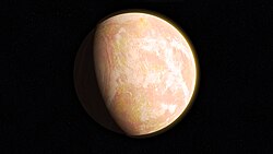 The pale orange dot, an artist's impression of the early Earth which is believed to have appeared orange through its hazy, methane rich, prebiotic secondary atmosphere. Earth's atmosphere at this stage was somewhat comparable to today's atmosphere of Titan.[19]