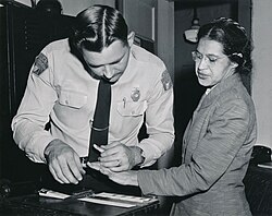 Rosa Parks being fingerprinted on February 22, 1956, after being arrested for not giving up her seat on the bus to a white person