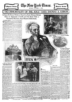 Front page of a New York Times publication in which several sketches and photos of Edison are presented surrounded by text columns.