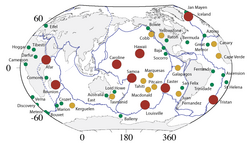 An example of mantle plume locations suggested by one recent group.[9] Figure from Foulger (2010).[4]