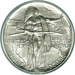 The obverse of a 1939 Oregon Trail Memorial half dollar