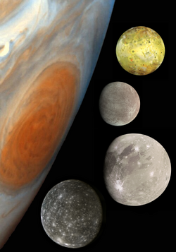 Montage of Jupiter's four Galilean moons in a composite image depicting part of Jupiter and their relative sizes (positions are illustrative, not actual). From top to bottom: Io, Europa, Ganymede, Callisto.
