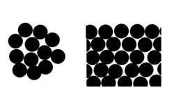 Molecules on the surface of a tiny droplet (left) have, on average, fewer neighbors than those on a flat surface (right). Hence they are bound more weakly to the droplet than are flat-surface molecules.