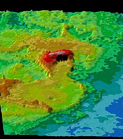 Perspective rendering of Ishtar Terra, at the center of the image is Maxwell Montes, according to its elevation in red and its peaks in white.