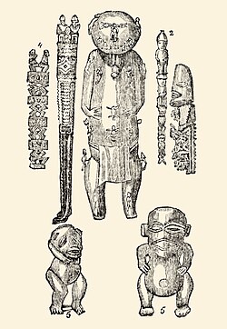 Deities of Polynesia carved from wood (bottom two are demons)