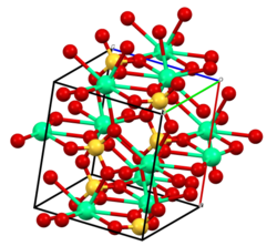 The structure of hemihydrate calcium sulfate is a network of Ca-O-S bonds. Color code: red (O), green (Ca), yellow (S).