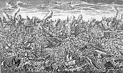 1755 copper engraving depicting Lisbon in ruins and in flames after the 1755 Lisbon earthquake, which killed an estimated 60,000 people. A tsunami overwhelms the ships in the harbor.
