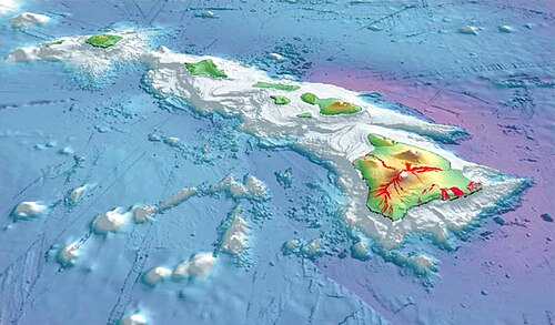 To illustrate Mauna Kea's dry prominence, imagine raising the sea level of the Pacific Ocean to submerge the top of Mauna Kea. Then slowly lower it again. The first thing to appear is the peak of Mauna Kea. Then Mauna Loa and peaks of the surrounding Hawaiian Islands will emerge from the ocean. If the ocean drains further, the island around Mauna Kea will grow and merge with the adjacent islands. Continue draining until a land bridge forms between the Hawaiian Islands and a continent so that it is possible to walk all the way there without getting wet. Stop draining at this point, and this bridge is the key col of a dry Mauna Kea, connecting it to Mount Everest. Mauna Kea's peak stands 30,610 ft (9,330 m) above this key col.