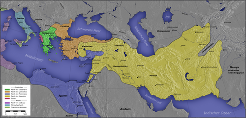 The major Hellenistic realms included the Diadochi kingdoms: Kingdom of Ptolemy I Soter Kingdom of Cassander Kingdom of Lysimachus Kingdom of Seleucus I Nicator Epirus Also shown on the map: Greek colonies Carthage (non-Greek) Rome (non-Greek) The orange areas were often in dispute after 281 BC. The Attalid dynasty occupied some of this area. Not shown: Indo-Greek Kingdom.