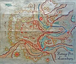 Historic map (undated) of Luxembourg City's fortifications