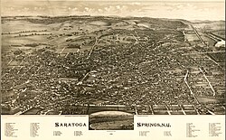 Perspective map of Saratoga Springs with image of racetrack inset and list of landmarks from 1888 by L.R. Burleigh