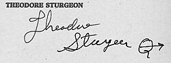 Theodore Sturgeon autograph with the Q symbol ("ask the next question")