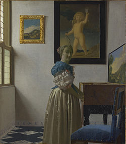 Jan Vermeer's painting Lady Standing at a Virginal shows a characteristic practice of his time, with the instrument mounted on a table and the player standing.