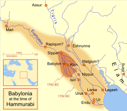 A map showing the Babylonian territory upon Hammurabi's ascension in 1792 BC and upon his death in 1750 BC