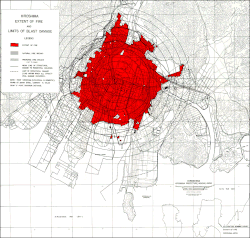 In mapping the effects of an atomic bomb, such as on the city of Hiroshima here, concentric circles are drawn centered on the point below the detonation and numbered at radial distances of 1,000 feet (305 meters). This point below the detonation is called "Ground Zero".