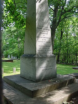 Thomas Jefferson's tombstone. The inscription, as he stipulated, reads, "Here was buried Thomas Jefferson, author of ... the Statute of Virginia for Religious Freedom ...."