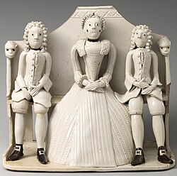Pew group of Staffordshire figures, England, c. 1745, salt-glazed stoneware. 7 1/2 × 8 3/8 in. (19.1 × 21.3 cm)
