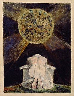 The archetype of the Creator is a familiar image in Blake's work. Here, the demiurgic figure Urizen prays before the world he has forged. The Song of Los is the third in a series of illuminated books painted by Blake and his wife, collectively known as the Continental Prophecies.
