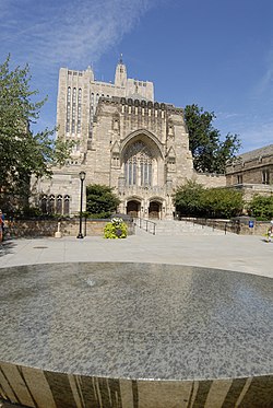 Lin's The Women's Table in front of the Sterling Memorial Library, commemorating the role of women at Yale University.