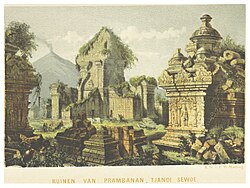 A lithograph of Tjandi Sewoe ruins near Prambanan, circa 1859