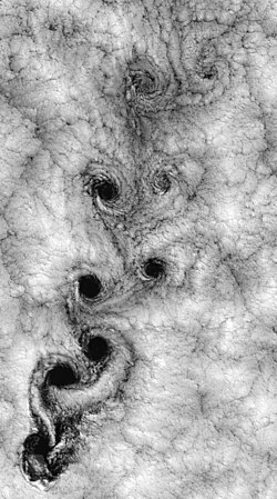 Satellite view of weather pattern in vicinity of Robinson Crusoe Islands on 15 September 1999, shows a turbulent cloud pattern called a Kármán vortex street
