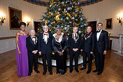 Kennedy Center honorees 2009 Mel Brooks, Dave Brubeck, Grace Bumbry, Robert De Niro, and Bruce Springsteen, with President Barack Obama and First Lady Michelle Obama in the Blue Room, White House, December 6, 2009