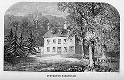 Steventon parsonage, as depicted in A Memoir of Jane Austen, was in a valley and surrounded by meadows.[12]