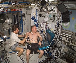 Gennady Padalka performing ultrasound on Michael Fincke during ISS Expedition 9