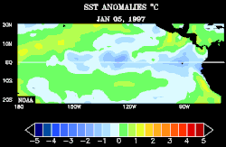 A loop of the 1997–98 El Niño event showing extreme sea surface temperature (SST) anomalies in the east tropical Pacific