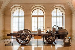 Cugnot's fardier à vapeur, as preserved at the Musée des Arts et Métiers, Paris, France