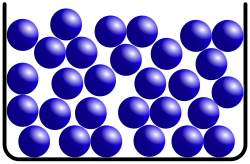 Structure of a classical monatomic liquid. Atoms have many nearest neighbors in contact, yet no long-range order is present.