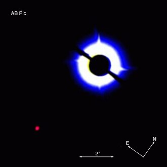 Coronagraphic image of AB Pictoris showing a companion (bottom left), which is either a brown dwarf or a massive planet. The data were obtained on 16 March 2003 with NACO on the VLT, using a 1.4 arcsec occulting mask on top of AB Pictoris.