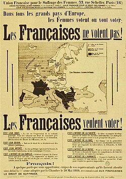 French pro-suffrage poster, 1934, whose message begins: "In all the great countries of Europe, women vote or want to vote; French women do not vote! French women want to vote!"