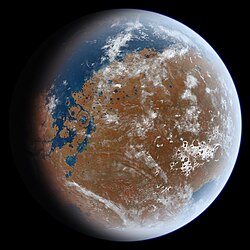 Artist's impression of an early wet Mars. Late Hesperian features (outflow channels) are shown, so this does not present an accurate picture of Noachian Mars, but the overall appearance of the planet from space may have been similar. In particular, note the presence of a large ocean in the northern hemisphere (upper left) and a sea covering Hellas Planitia (lower right).