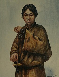 A 1905 illustration of a Tibetan man spinning wool