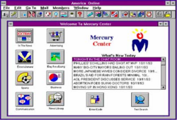 The original Mercury Center service on America Online. Despite the popularity of premium features such as the "News Library", Mercury Center gave more prominence to content from the print paper, such as news and sports headlines.[51]