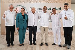Cuban President Miguel Díaz-Canel with Venezuelan President Nicolás Maduro, Mexican President López Obrador and other leaders in Palenque, Mexico, 22 October 2023