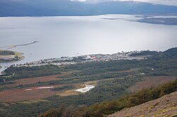 Elongate and forested drumlins south of Puerto Williams, Chile. Flow direction here was at time of formation from west to east (left to right on picture).