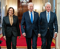 Clinton with Vice President Kamala Harris and President Joe Biden in February 2023