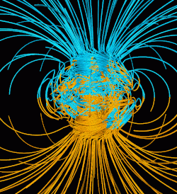 Computer simulation of Earth's field in a period of normal polarity between reversals.[1] The lines represent magnetic field lines, blue when the field points towards the center and yellow when away. The dense clusters of lines are within Earth's core.[2]