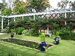 A sunny garden presents a rectangular pond as the centerpiece. Its corners highlighted by a set of blue urns. Well trimmed grass surrounds the pond.