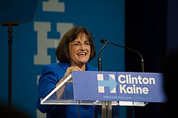 Kuster speaks at a Hillary Clinton presidential rally at Southern New Hampshire University in 2016.