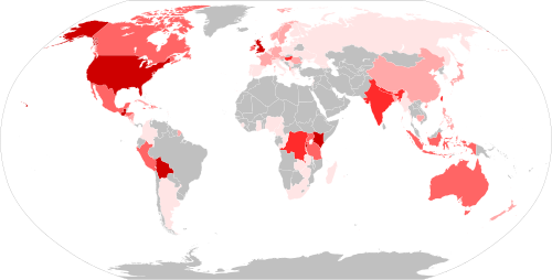 Worldwide distribution of Quakers by country in 2017 according to the Friends World Committee for Consultation: No data 1–99 100–999 1,000–3,999 4,000–9,999 10,000–119,285