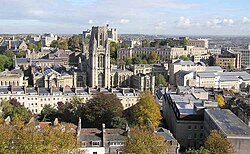 Most of the buildings here are used by the university. The Wills Memorial Building is left of centre. Viewed from the Cabot Tower on Brandon Hill