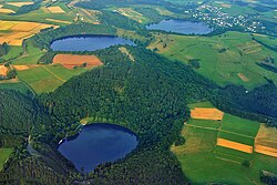 The three maars at Daun (from front to rear): the Gemündener, Weinfelder and Schalkenmehrener Maar
