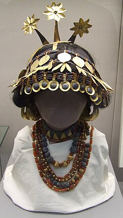 A reconstruction in the British Museum of headgear and necklaces worn by the women at the Royal Cemetery at Ur.