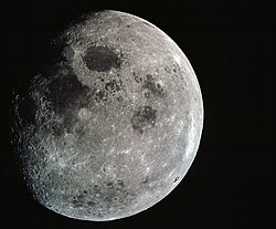 This photograph of the Moon was taken from Apollo 8 at a point above 70 degrees east longitude.